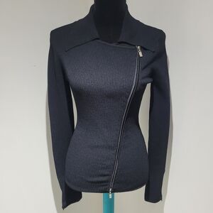 Cache Womens Asymmetrical Ribbed Zipper Cardigan Sweater Small Black Stretch NEW